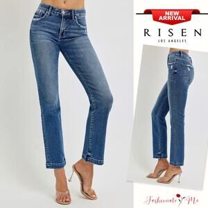 RISEN Cat's Whisker Tummy Control Elastic Band Mid Rise Dark Wash Straight Jeans